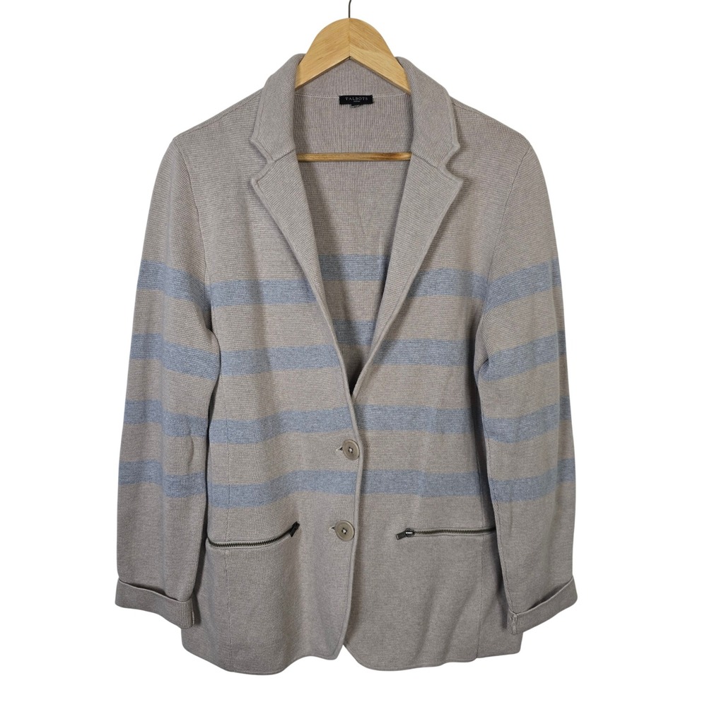 Talbots Woman Beige Blue Striped Cotton Rayon Knit Sweater Blazer XL Zip Pockets